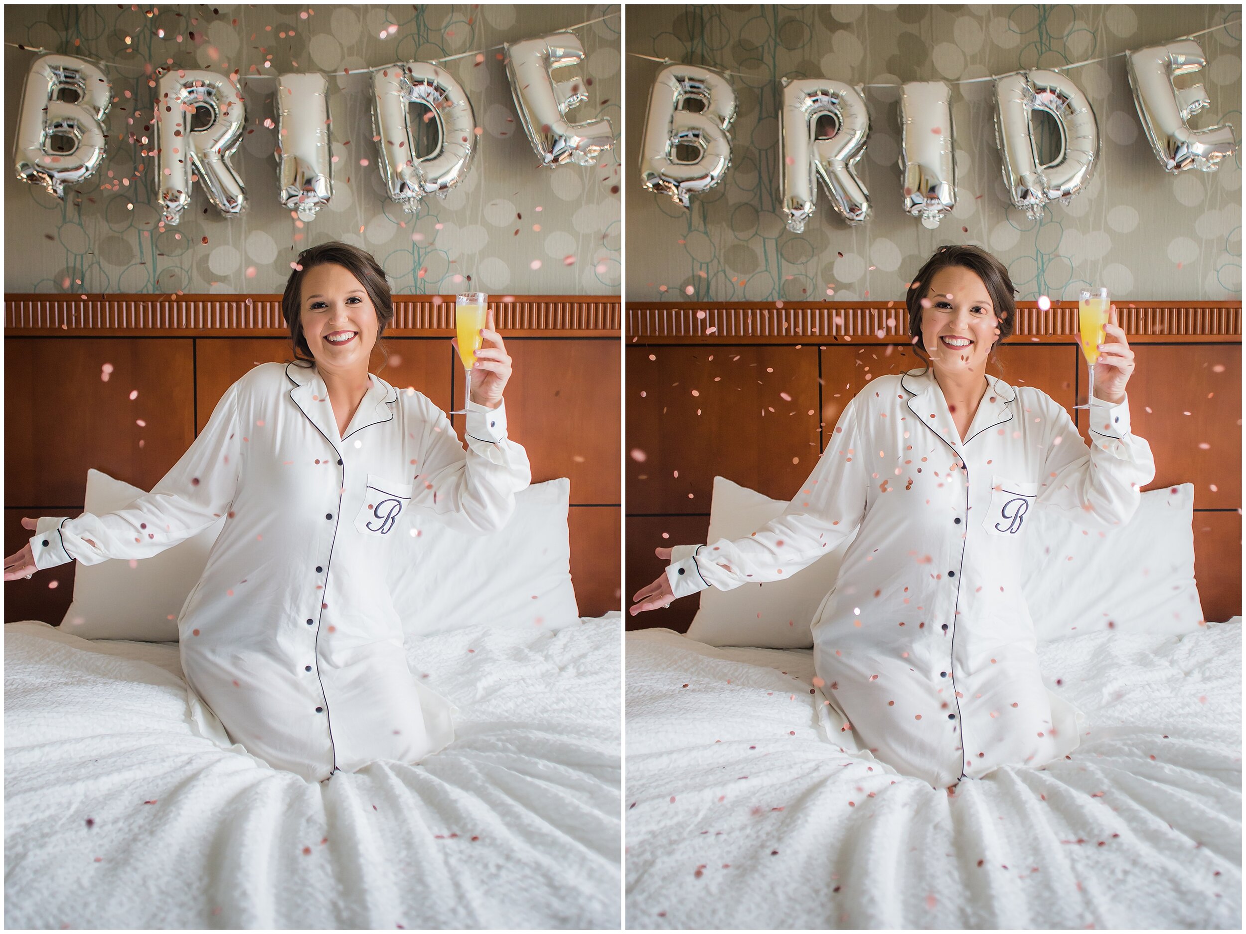 two photos of bride holding champagne in front of bride sign and confetti falling
