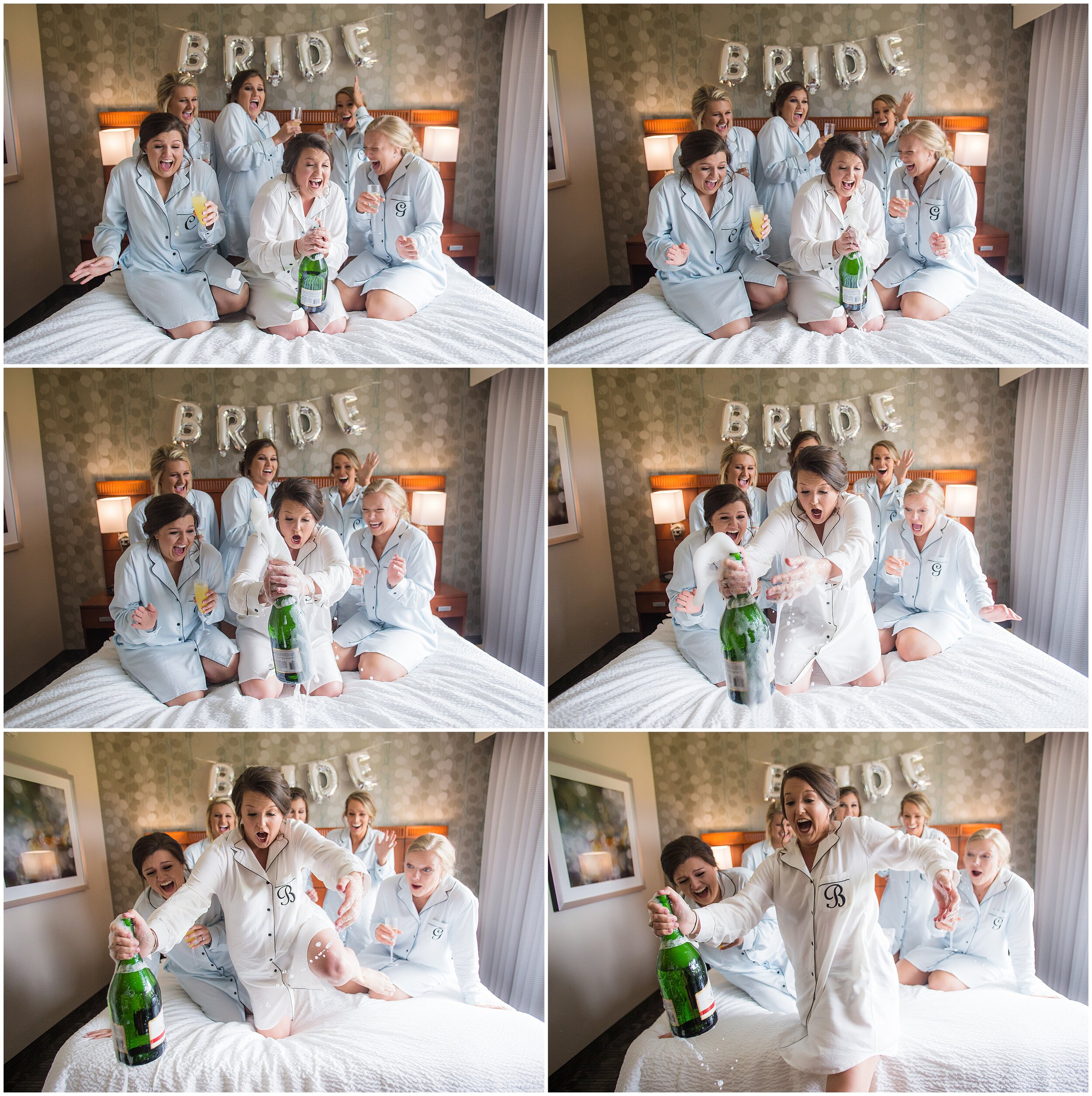 collage of photos of bride popping champagne bottle surrounded by bridesmaids laughing on a bed