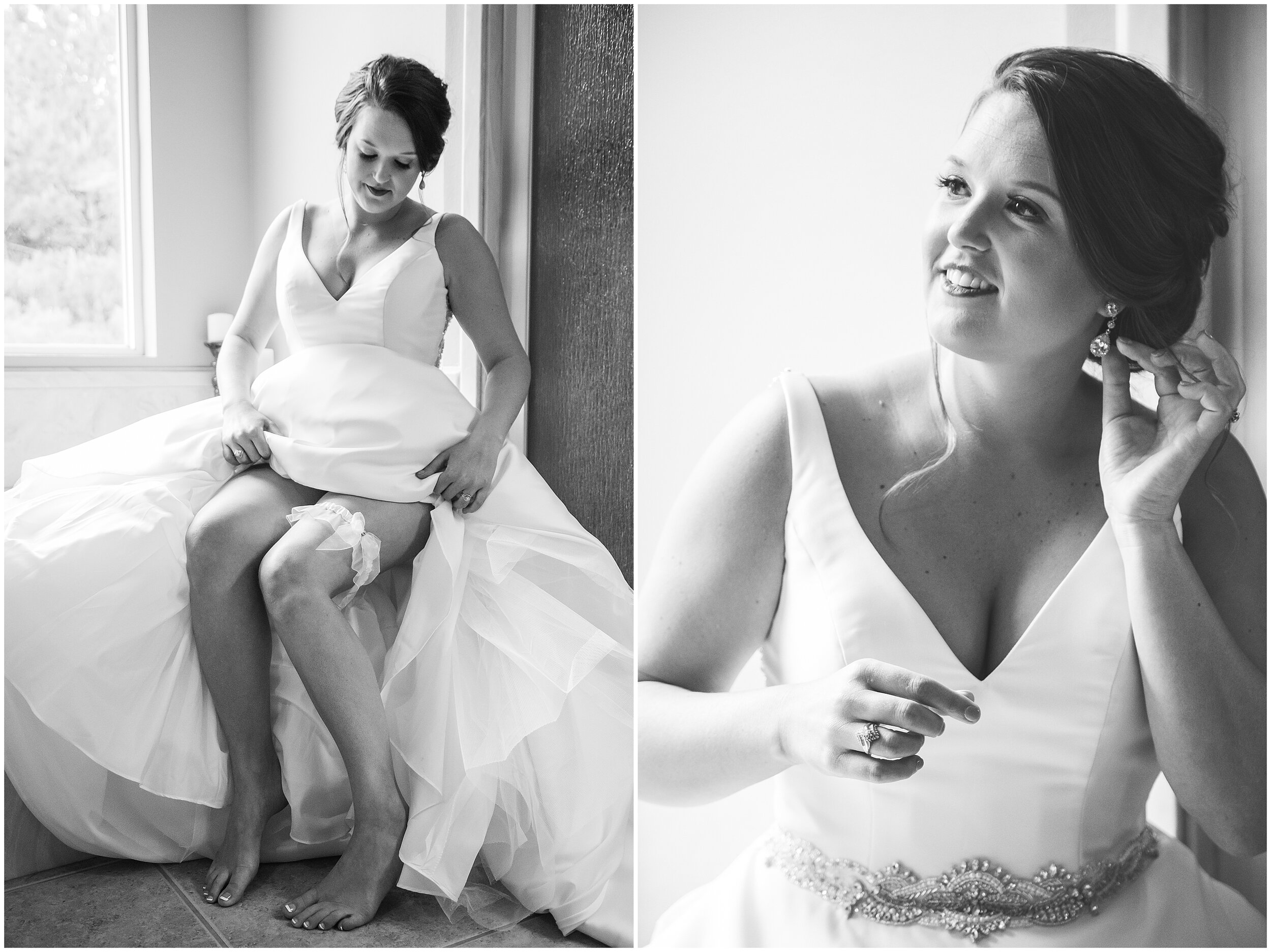 two black and white photos of bride in wedding gown putting on garter and earrings
