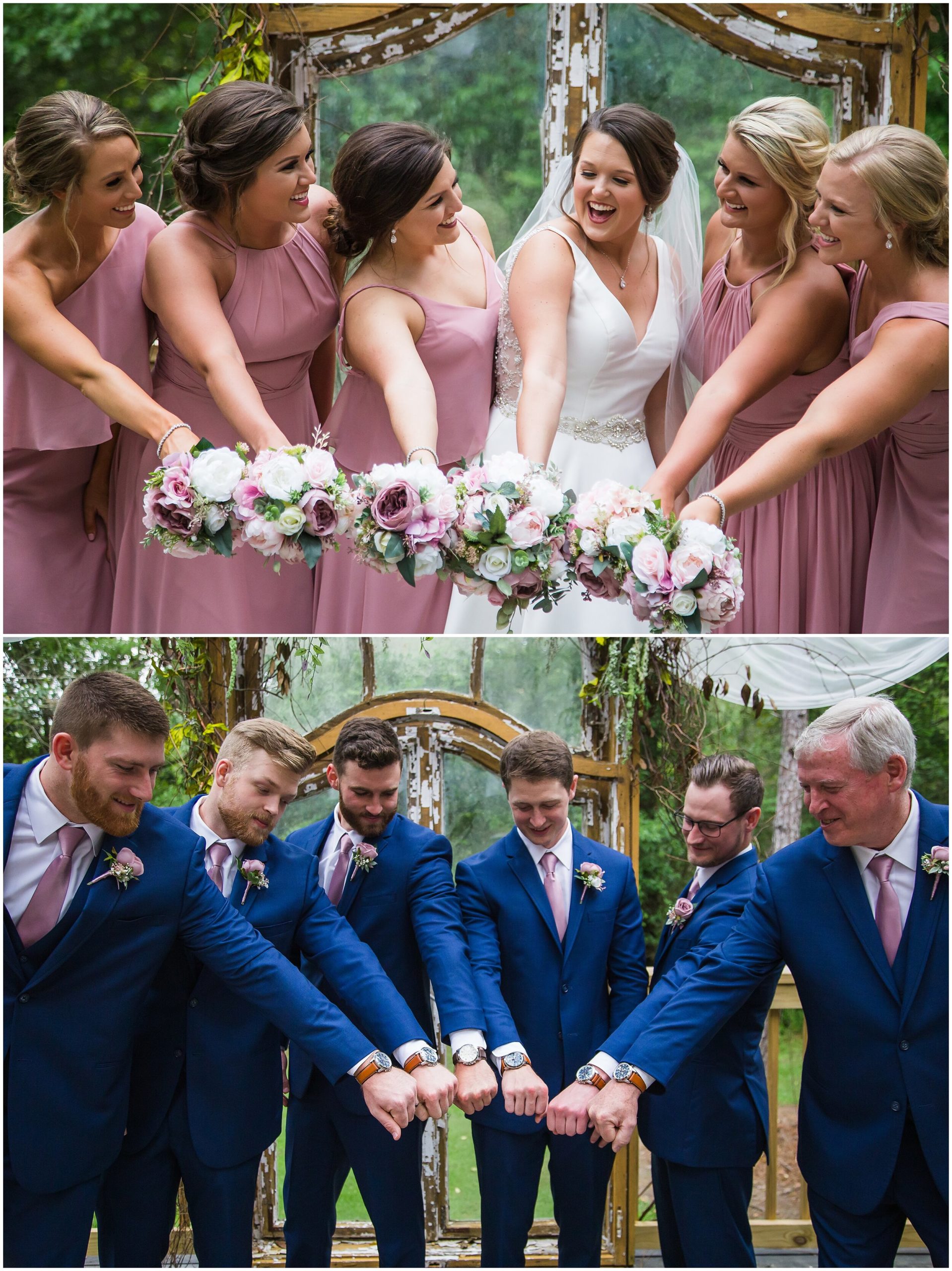 bridal party smiling with bouquets, groomsmen showing off their gift watches