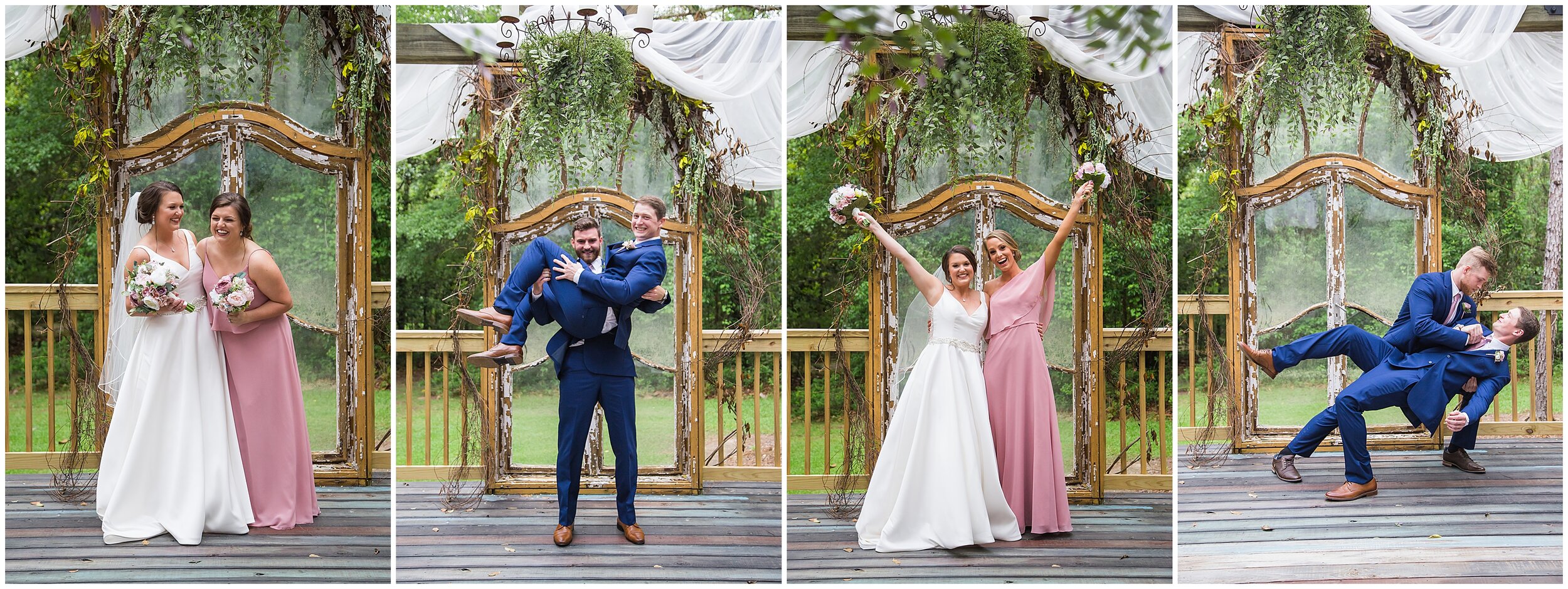 fun photos of bride and groom with bridesmaids and groomsmen at bella sera gardens