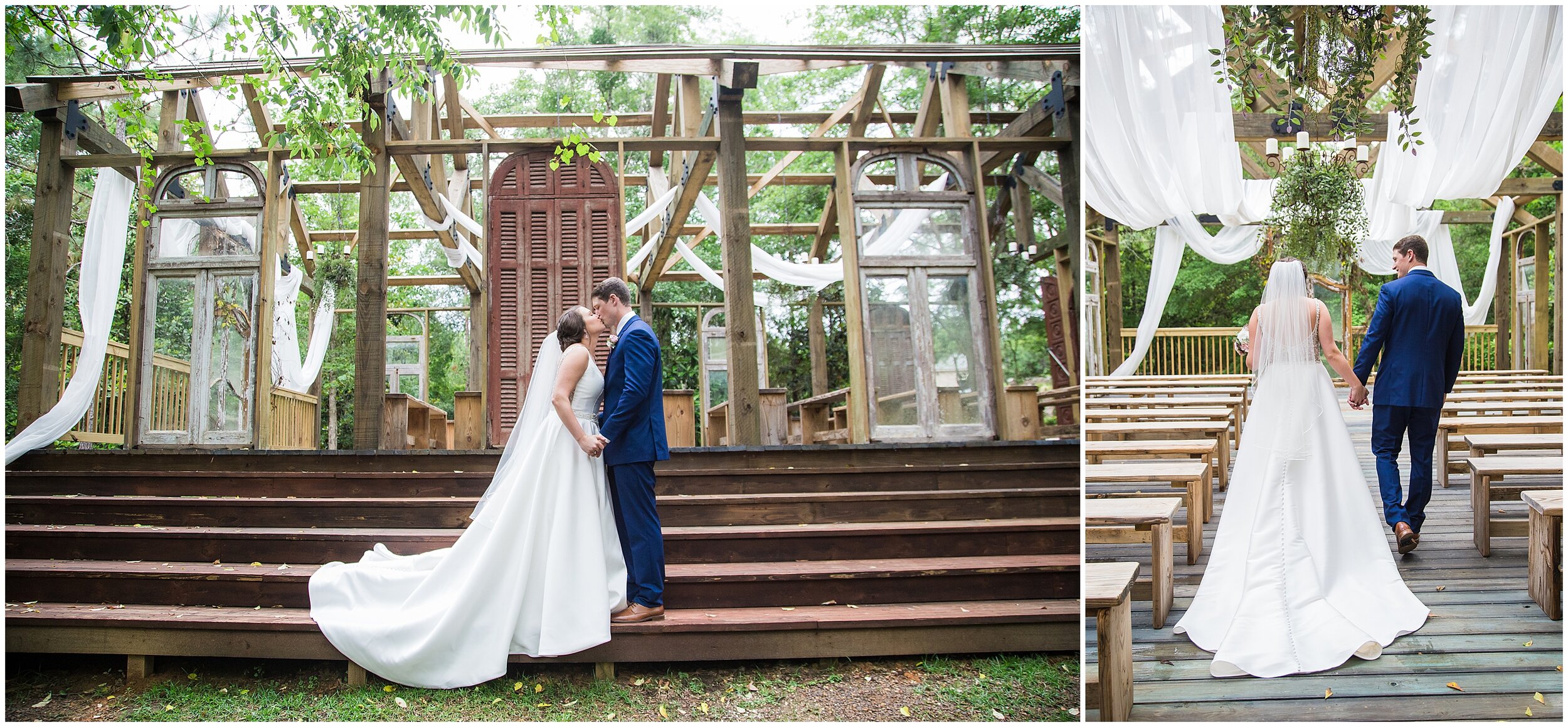 bride and groom kissing in front of open air chapel at bella sera gardens