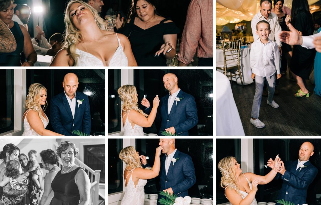 Collage of photos of bride and groom cutting and feeding each other wedding cake and kids and guests dancing at the reception aboard the Solaris yacht in Destin Florida