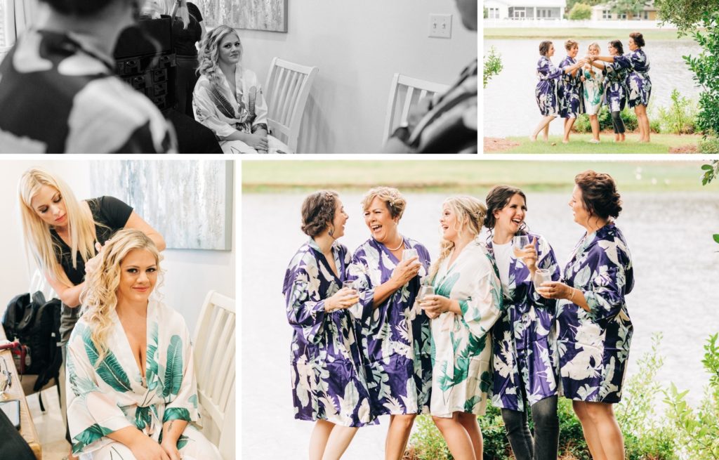 Collage of photos of bride and bridesmaids in robes getting ready and having a cheers before wedding in Destin Florida