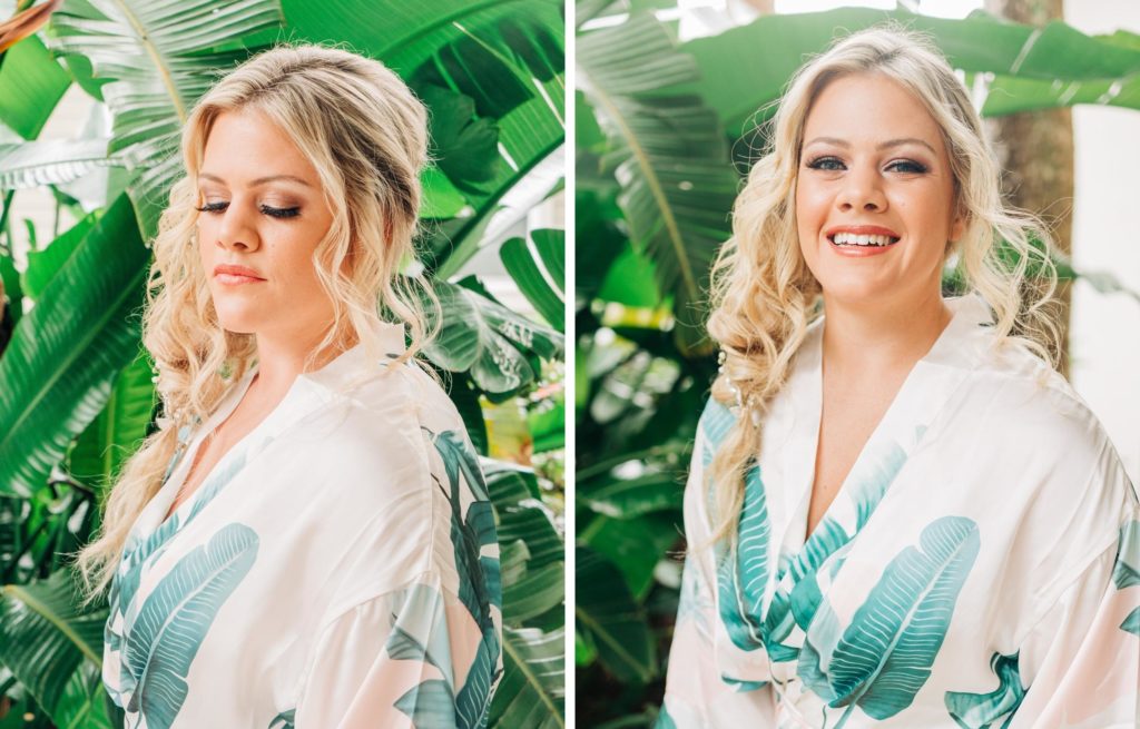 Two photos of bride wearing palm leaf robe showing off her freshly complete wedding hair and makeup