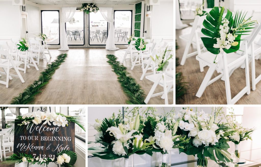 Collage of photos of ceremony details of green palm fronds and white flowers for rained out indoor ceremony aboard Solaris Yacht in Destin Florida
