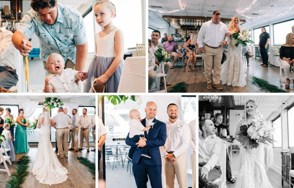 Collage of bride coming down aisle during ceremony aboard Solaris Yacht in Destin Florida