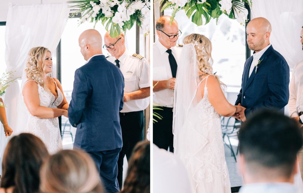 Photos of bride and groom smiling and emotional during their ceremony aboard Solaris Yacht in Destin Florida
