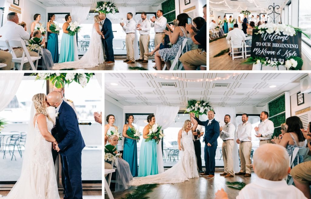 Collage of photos of bride and groom kissing at the end of ceremony aboard Solaris Yacht in Destin Florida