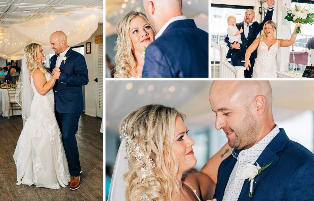 Collage of photos of bride and groom having their first dance at reception aboard Solaris Yacht in Miramar Beach Florida