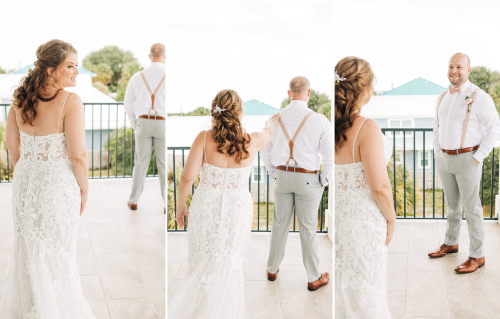 three photos of the bride tapping on groom's shoulder for the first look