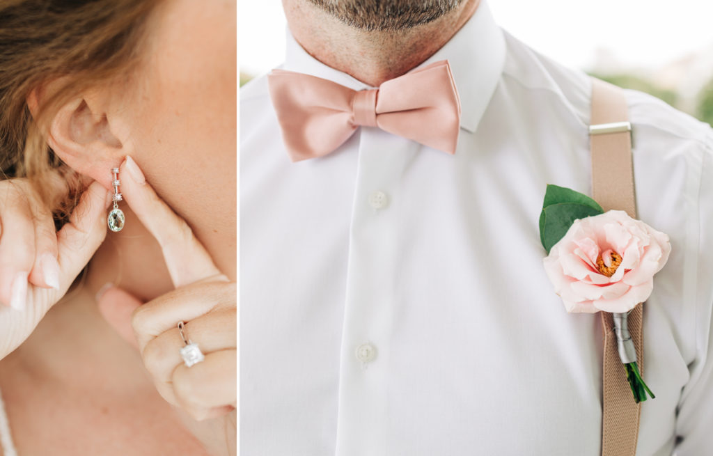 close up of bride's earring and groom's boutonnière and bowtie