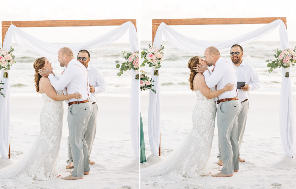 two photos of bride and groom being pronounced husband and wife and sharing their first kiss
