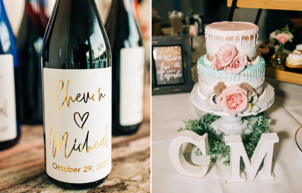 custom wine bottles and the wedding cake