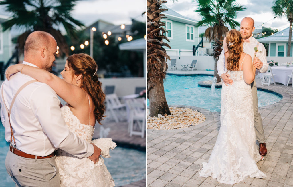 two photos of bride and groom having first dance poolside in Miramar Beach Florida