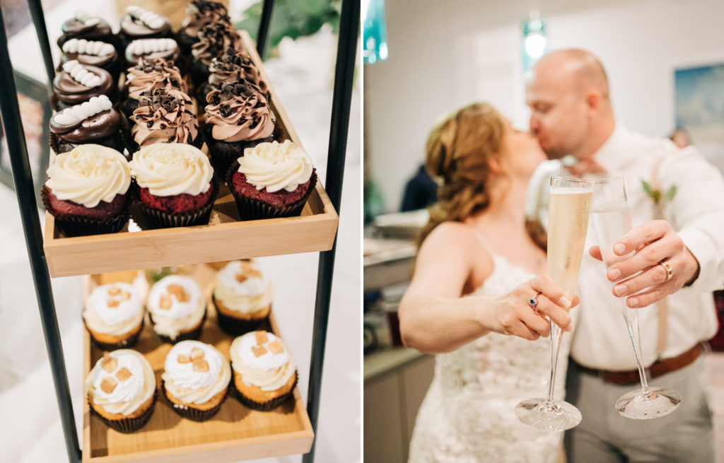 images of cupcakes and the bride and groom having a cheers with champagne